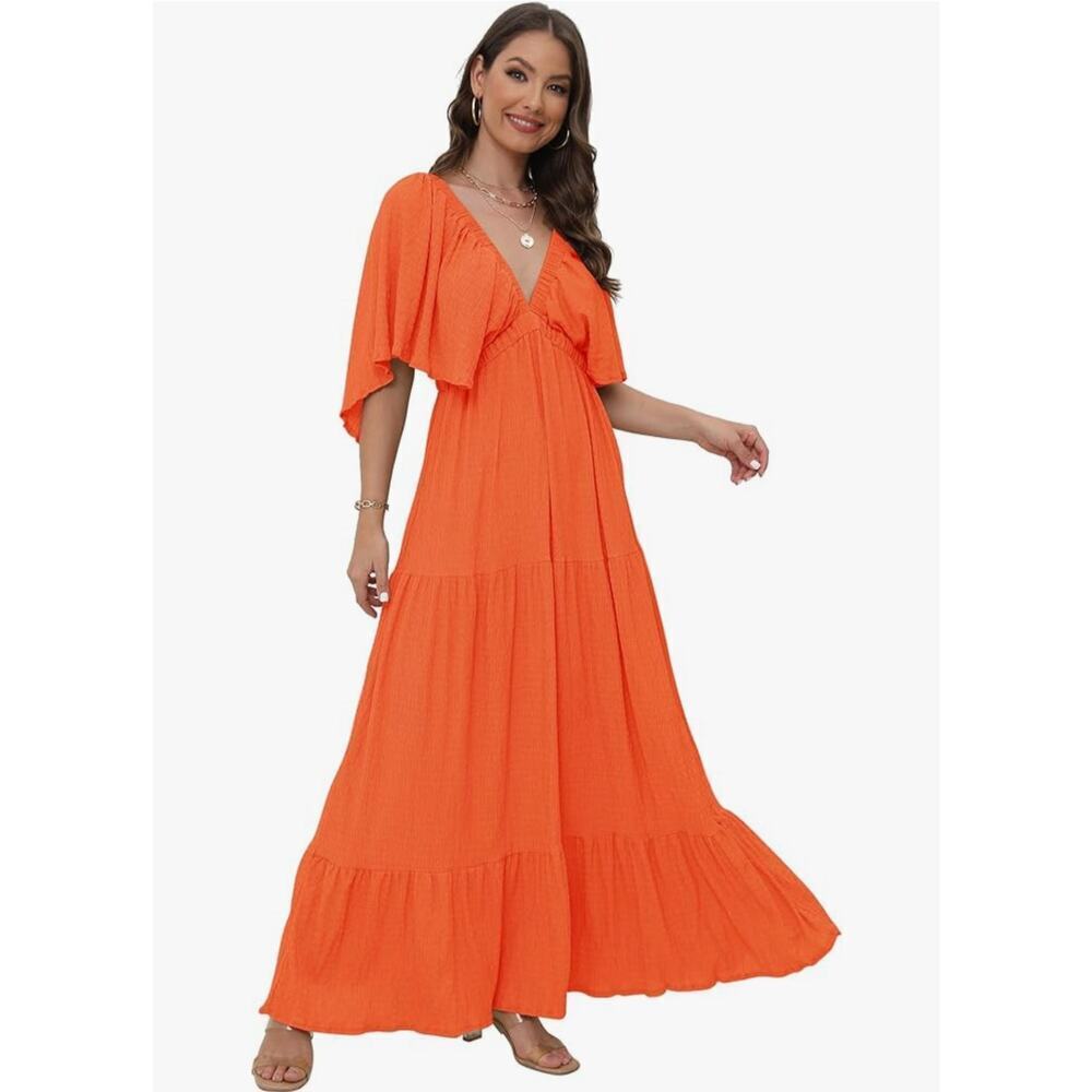 Women's Orange Textured Maxi Dress Sz M Boho Flutter Sleeve Tiered Cottagecore